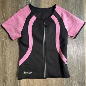Sunlan Sauna Vest Women M Black Pink Neoprene Short Sleeve Zip Workout Top